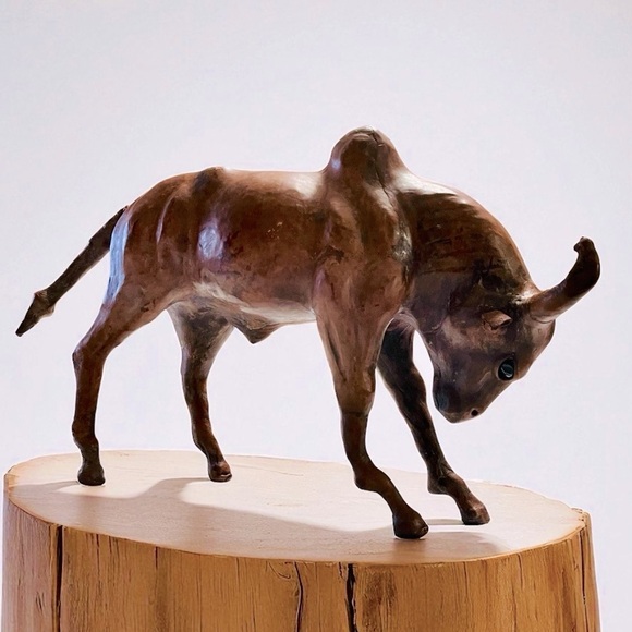 VTG Leather Wrapped Bull Sculpture Rustic  Handmade Figurine15”L x 5
